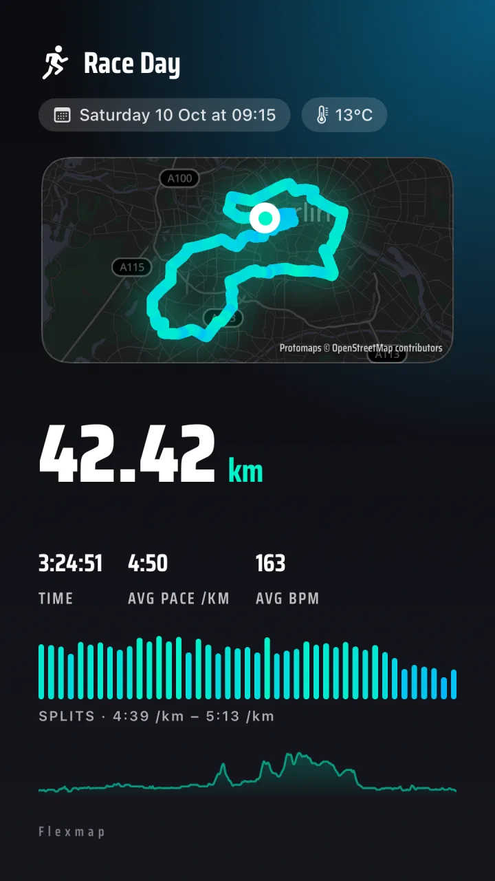 Race Day card in the aqua palette: 42.42 km over a Berlin map