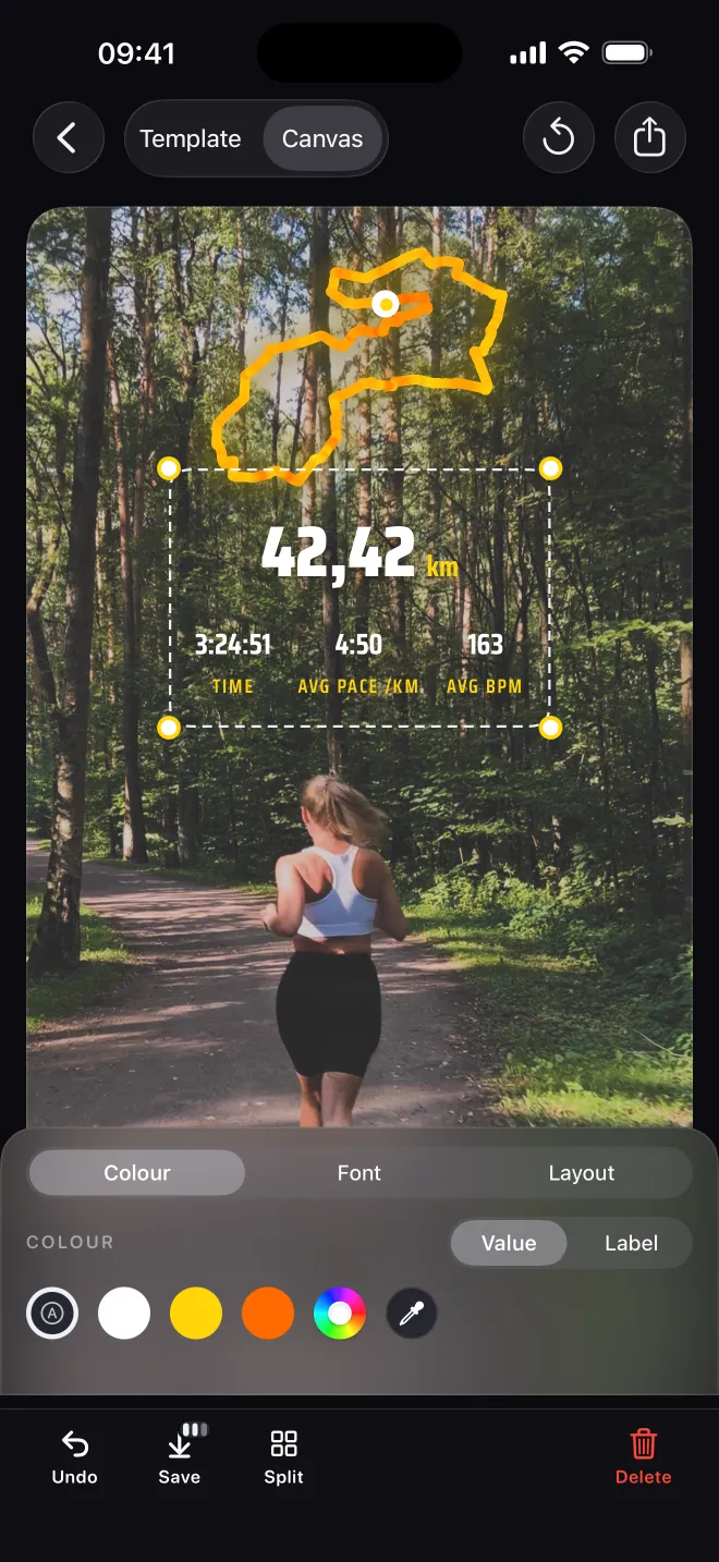 The canvas editor with the stats block selected and its color controls open