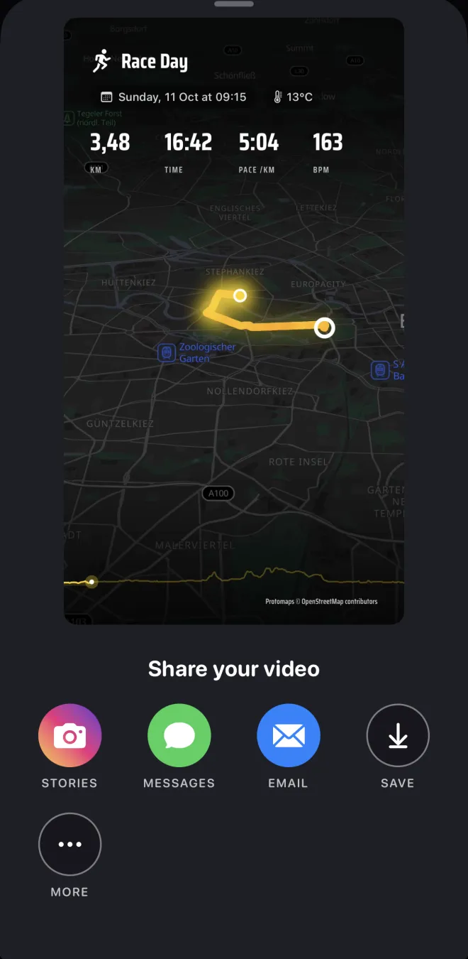 The app's share sheet with a finished video of the Race Day card